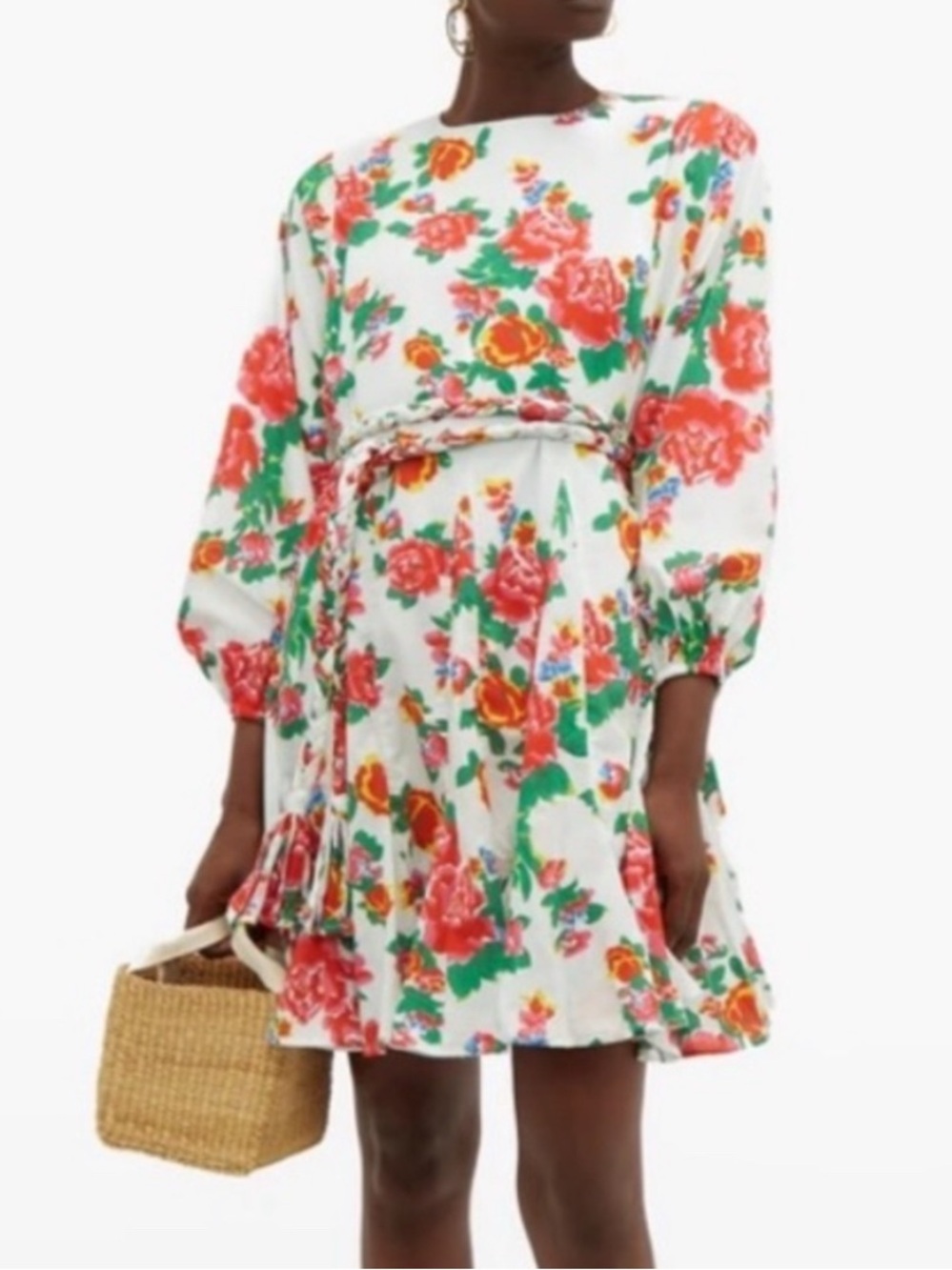 RHODE Ella pleated long sleeve dress in white dazzle floral print MISSING BELT